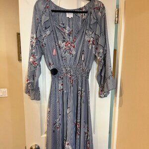 Misa dress L striped and floral high low blue and white with roses